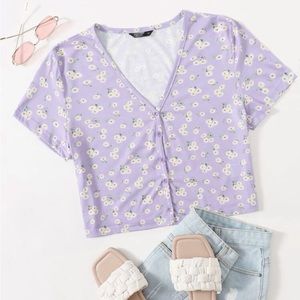 Lavender with White Ditsy Floral Design Button-Up Crop Top NWOT